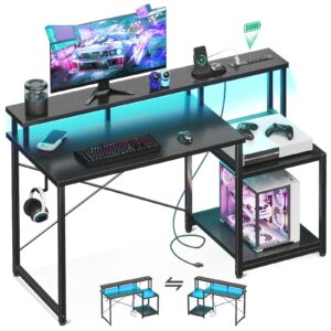 aodk computer desk, 48 inch gaming desk with led lights & power outlet, office desk with printer storage shelves, reversible desk with monitor shelf & headphone hook, carbon fiber black