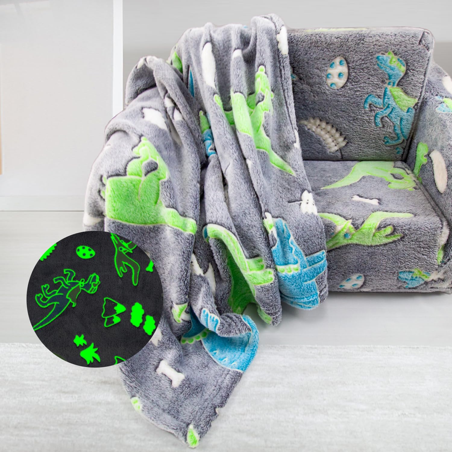 Asou Kids Blanket Sofa Blanket for Kids Glow in The Dark Kids Blanket Mini Dinosaur Blanket for Kids Toddlers