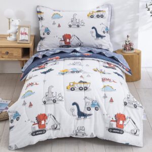 djy cotton twin bedding set, dinosaur cars reversible twin comforter set for kids boys girls, 4 pieces bed in a bag includes quilted comforter, flat sheet, fitted sheet and pillowcase