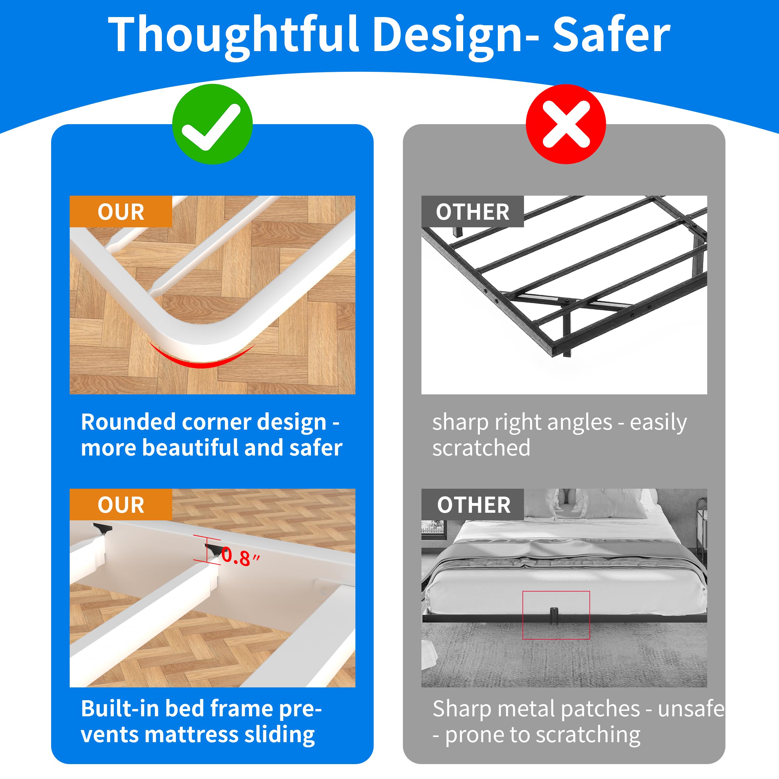 Meitewei White Floating Bed Frame Queen with LED Lights, 10.8" Metal Platform Bed Frame with Heavy Duty Steel Slats, No Box Spring Needed, Noise-Free, Easy to Assemble, Capacity 1800lbs