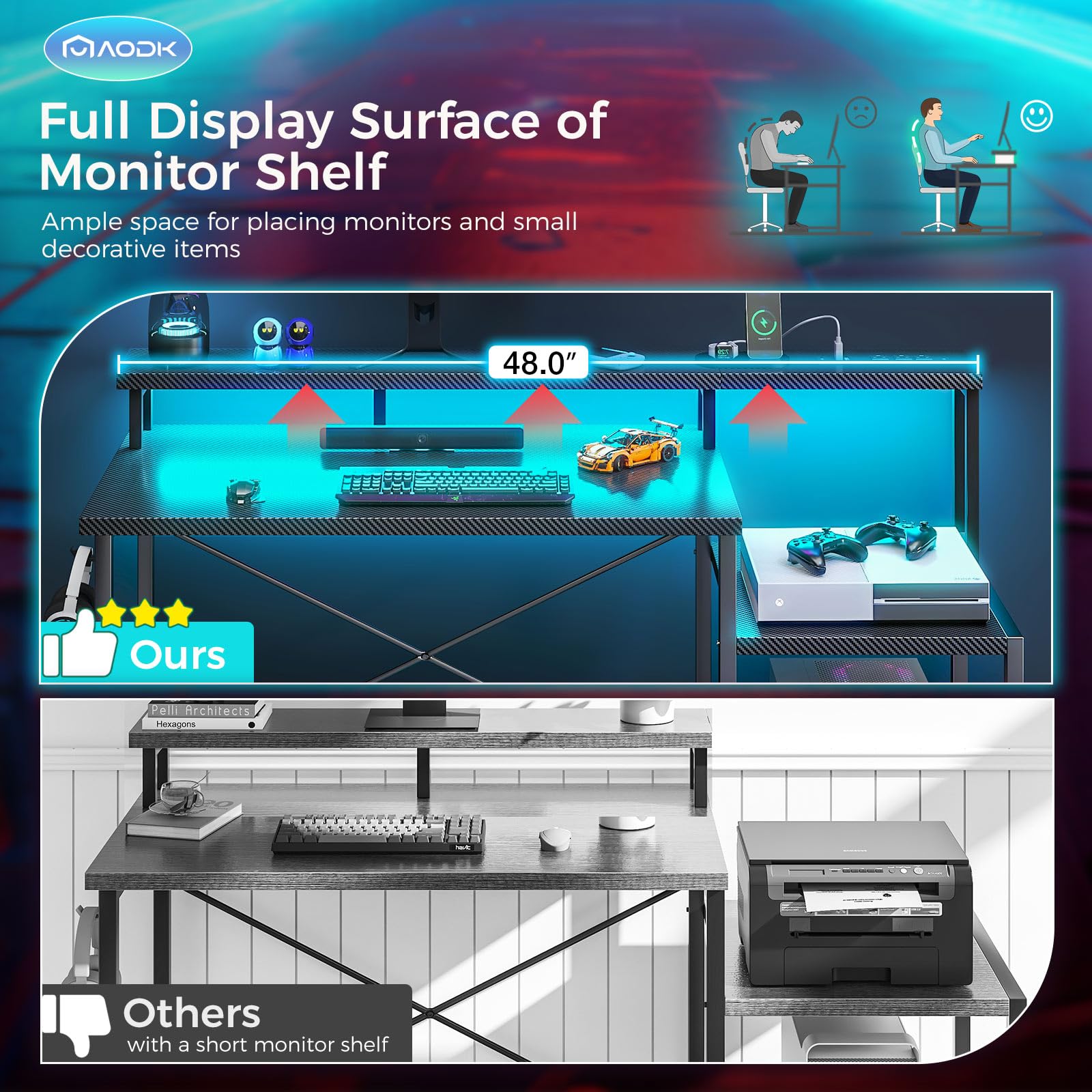 AODK Computer Desk, 48 Inch Gaming Desk with Led Lights & Power Outlet, Office Desk with Printer Storage Shelves, Reversible Desk with Monitor Shelf & Headphone Hook, Carbon Fiber Black