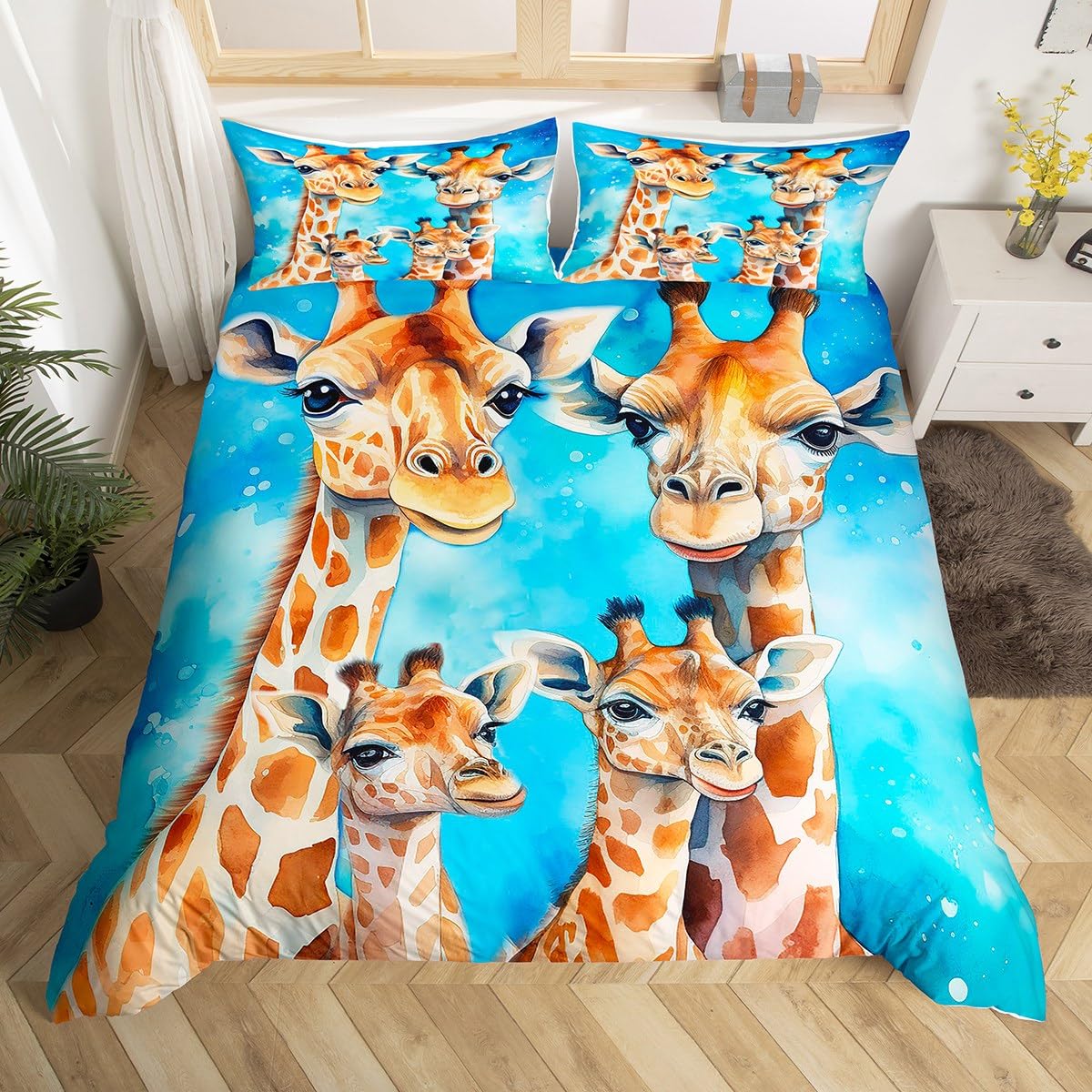 Manfei Giraffe Kids Duvet Cover Set Twin Size, Cute Giraffe Family Comforter Cover, Cartoon Animal Theme Bedding Set for Boys Girls Adults Bedroom Decor, Lightweight Bedspread Cover, 1 Pillowcase