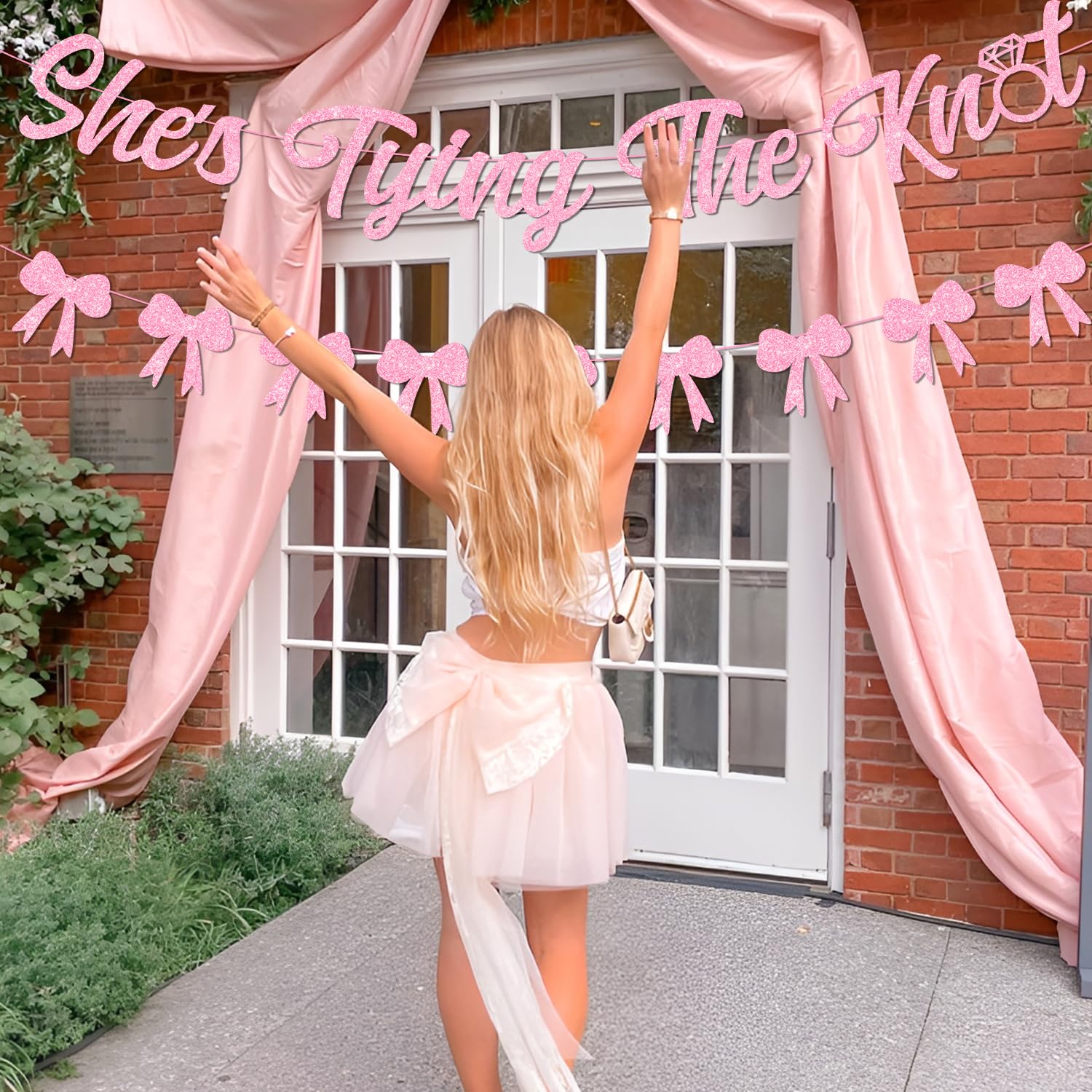 24Pcs Pink Bow Princess Bachelorette Party Decorations She's Tying The Knot Glitter Banner Pink Coquette Bow Banner Garland for Girls Bachelorette Decor Bridal Shower Engagement Wedding Party Supplies