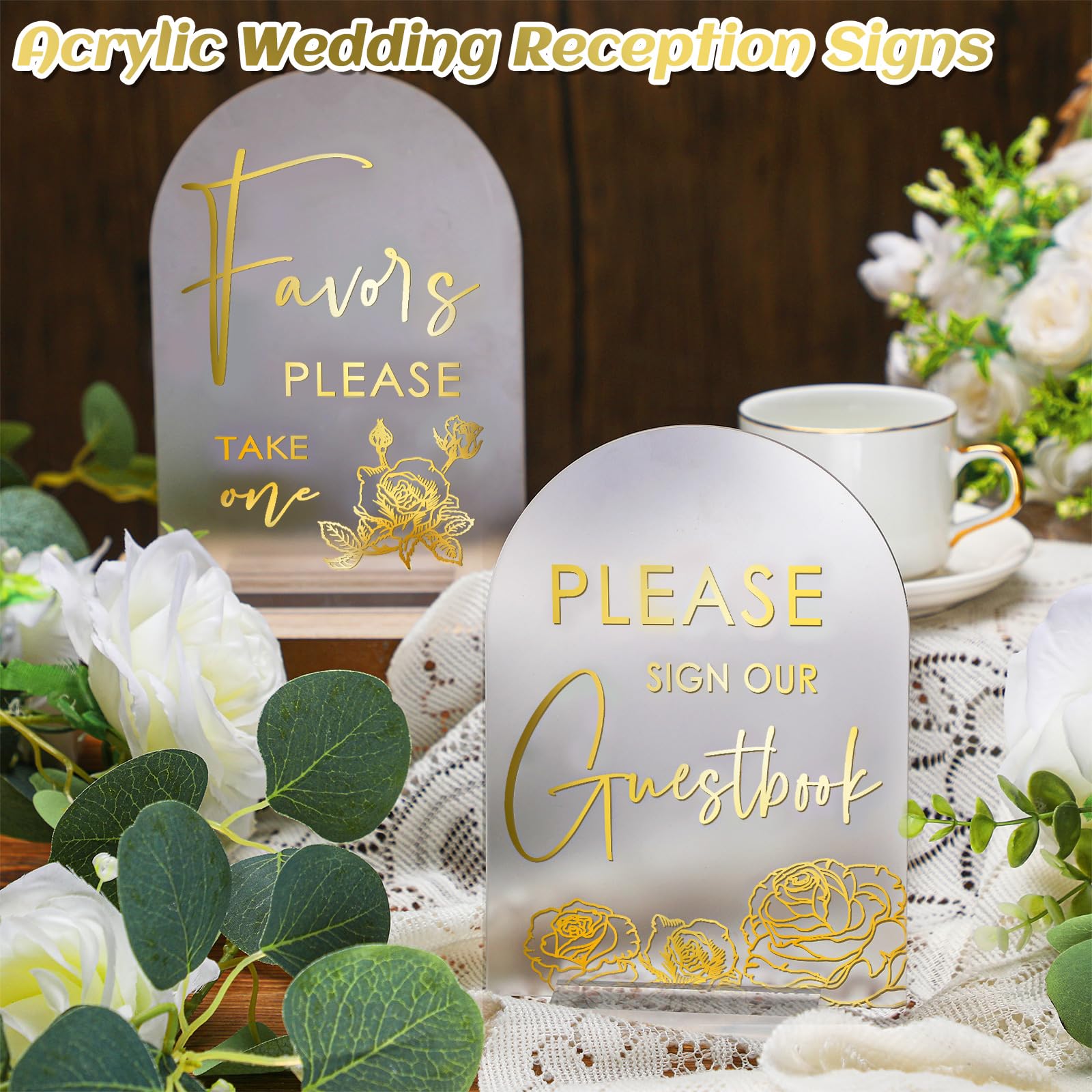 4 Pcs Acrylic Wedding Reception Signs with Stand Clear Gifts and Cards Sign with Holder Please Sign Our Guestbook 5 x 7 Inch Rustic Calligraphy Wedding Sign for Wedding Ceremony Reception (Elegant)