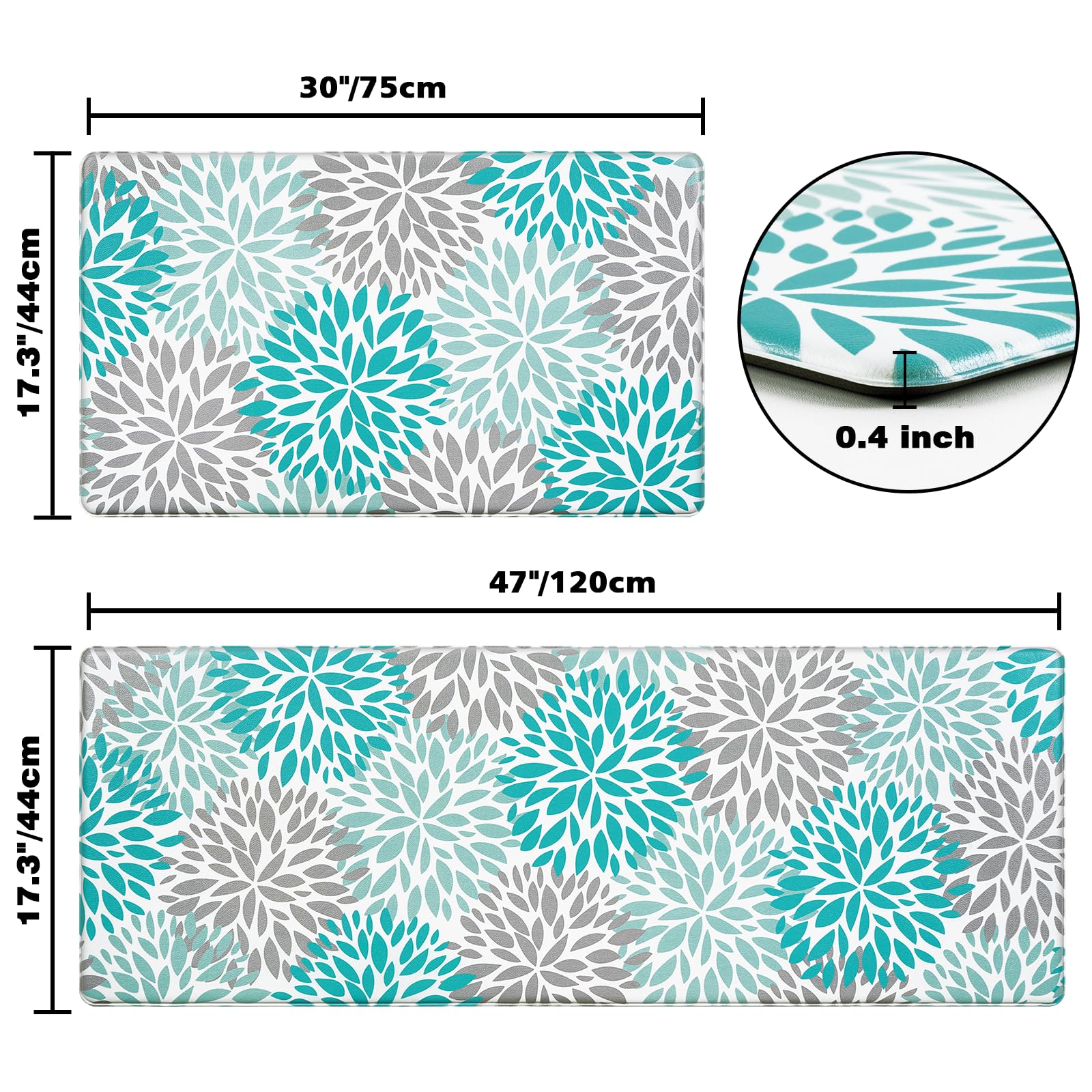 FRAMICS Boho Kitchen Rugs Sets of 2 Bohemian Teal Kitchen Rugs Non Slip Washable PVC Waterproof Kitchen Floor Mat Cushioned Anti Fatigue Kitchen Mats for Floor, 17" x 30" + 17" x 47"