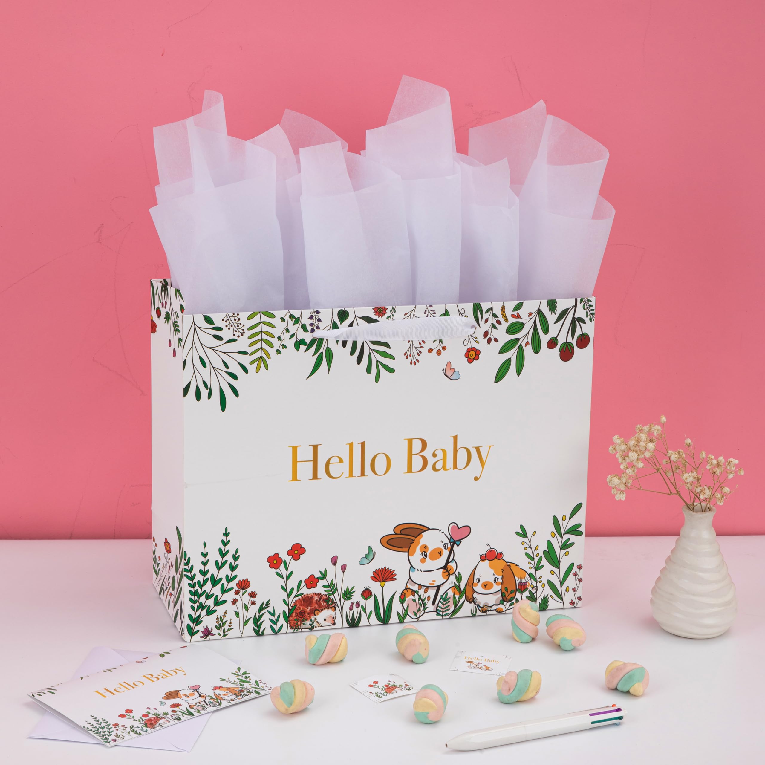 13" Large White Gift Bag Set with Greeting Card and Tissue Papers (Hello Baby Design) for Girls' Birthday Party, Baby Shower, Baby Girl or Boy, Women's Birthday Parties - 13”x5.2”x10.2”, 1 Pcs.