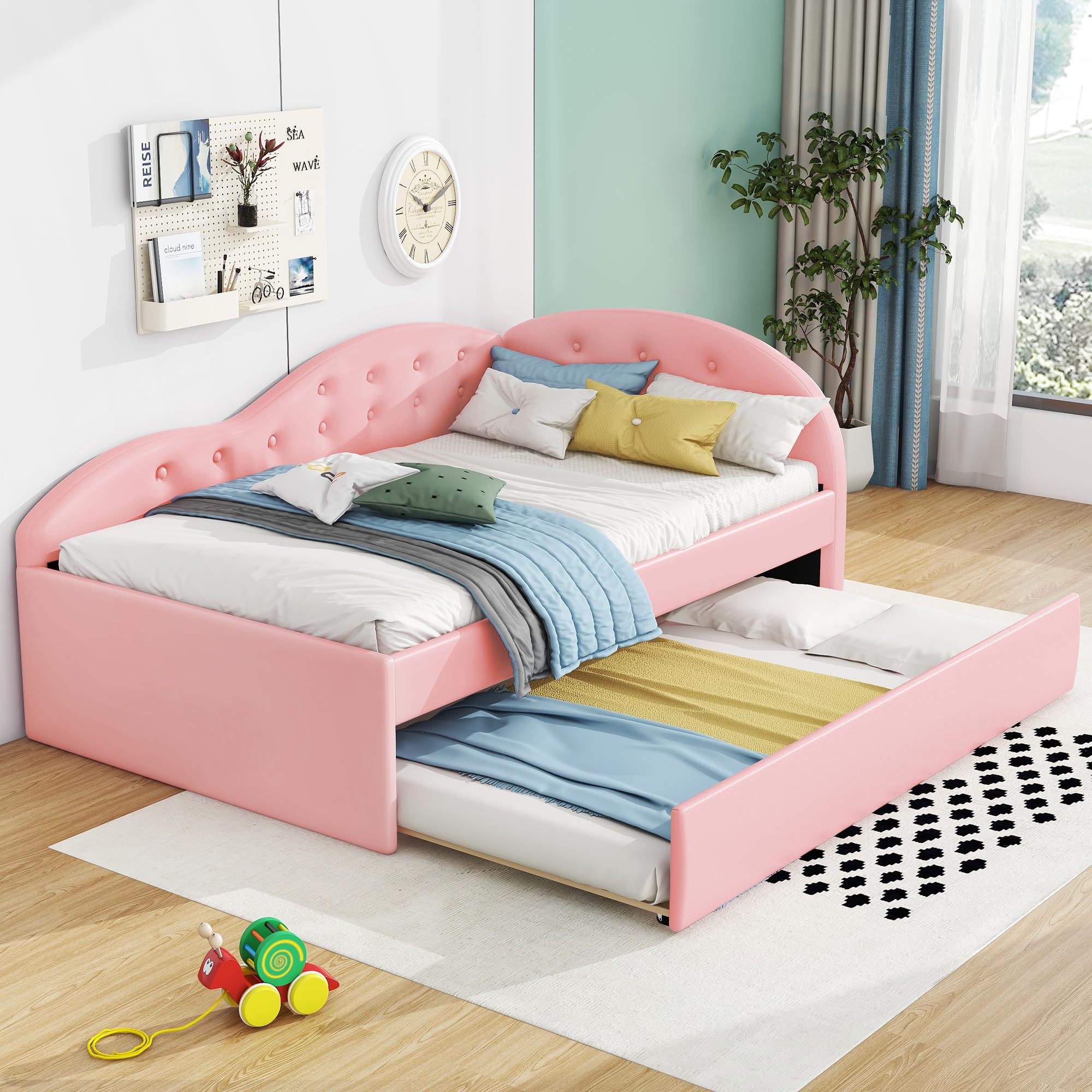 Acosure Twin Size PU Upholstered Tufted Daybed with Trundle and Cloud Shaped Guardrail,Wood Sofa Bed Frame,Full Pull Out Bed for Bedroom,Livingroom,Pink