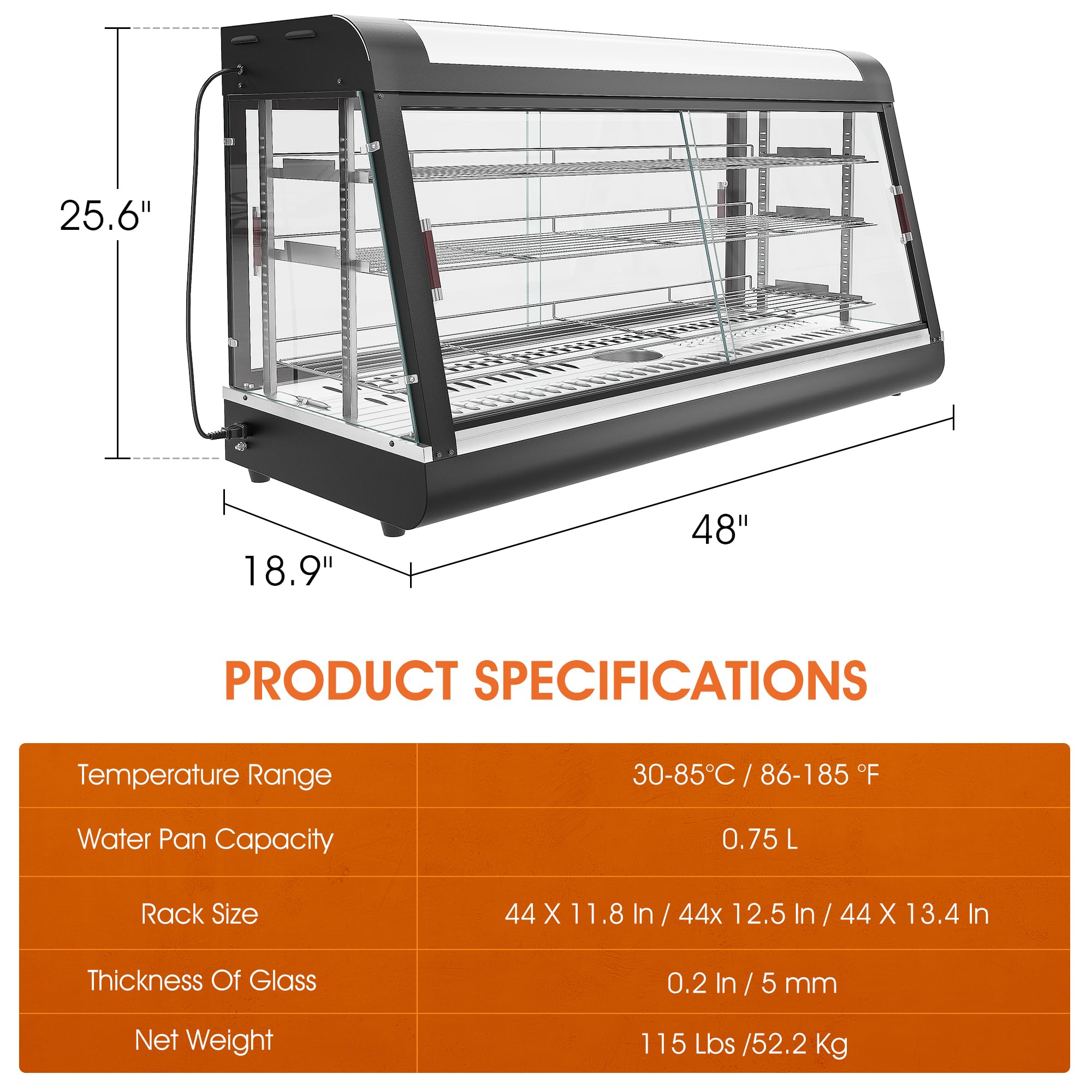 Countertop Food Warmer,48" Three Tier Commercial Warmers for Food Display, Glass case, with LED Lighting Removable Shelves Pastry for Buffet Restaurant