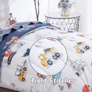 DJY Cotton Twin Bedding Set, Dinosaur Cars Reversible Twin Comforter Set for Kids Boys Girls, 4 Pieces Bed in a Bag Includes Quilted Comforter, Flat Sheet, Fitted Sheet and Pillowcase