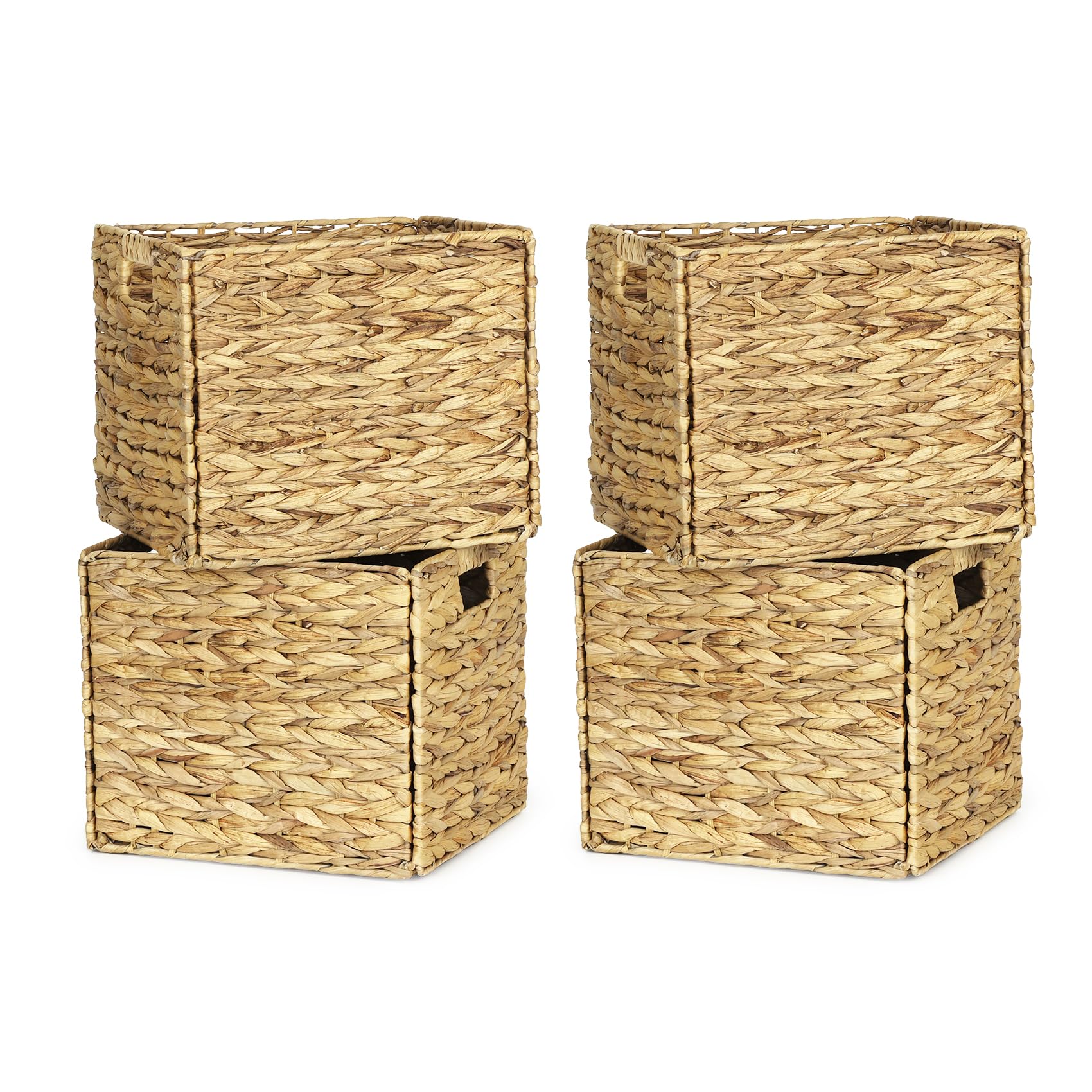 WEAVELYRICS 4 Pack 13×11" Rectangular Wicker Storage Bins, Water Hyacinth Baskets, Foldable Wicker Baskets, Storage Basket with Built-in Handles, Handwoven Natural Baskets for Shelves, Outdoor