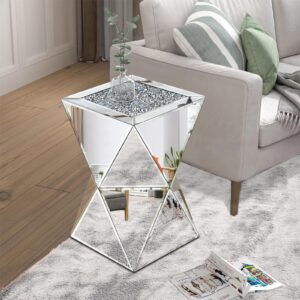 Pregaspor Sliver Mirrored End Table, Crushed Diamond Top Accent Side Table, Geometric Small Mirrored Coffee Table for Living Room, Bedroom, Corner, Small Space