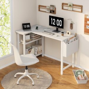 DLisiting White L Shaped Computer Desk with Power Outlet Shelves, 40 Inch Small Corner Desk for Small Space Home Office, Study Work PC Desks for Bedroom, White