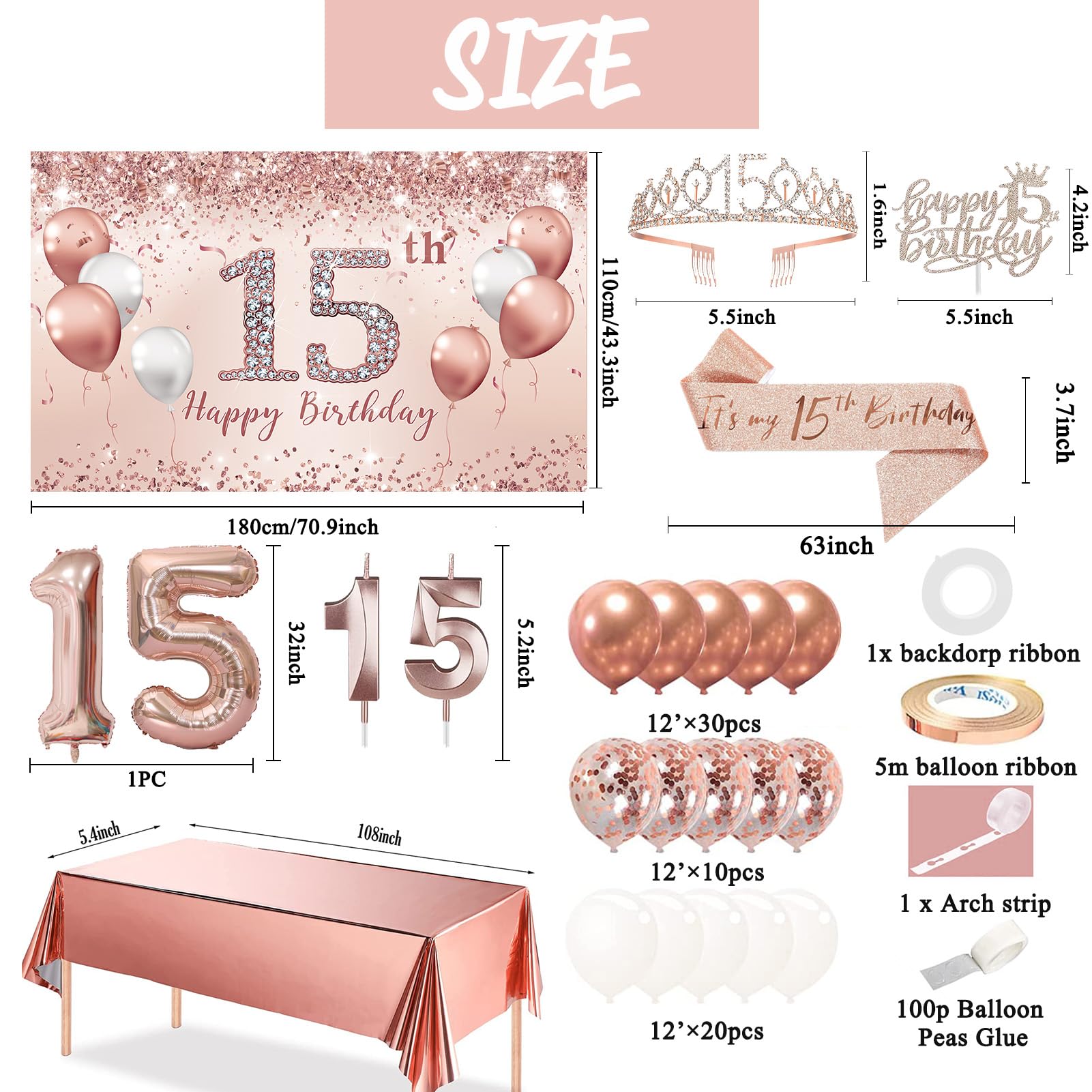 Trgowaul 15th Birthday Decorations Balloon Set Women's Arch, Rose Gold 15th Birthday Banner and Party Tablecloth, Belt and Tiara, Pink Gold 15th Balloon, Pink Birthday Cake Top, Latex Balloon * 60