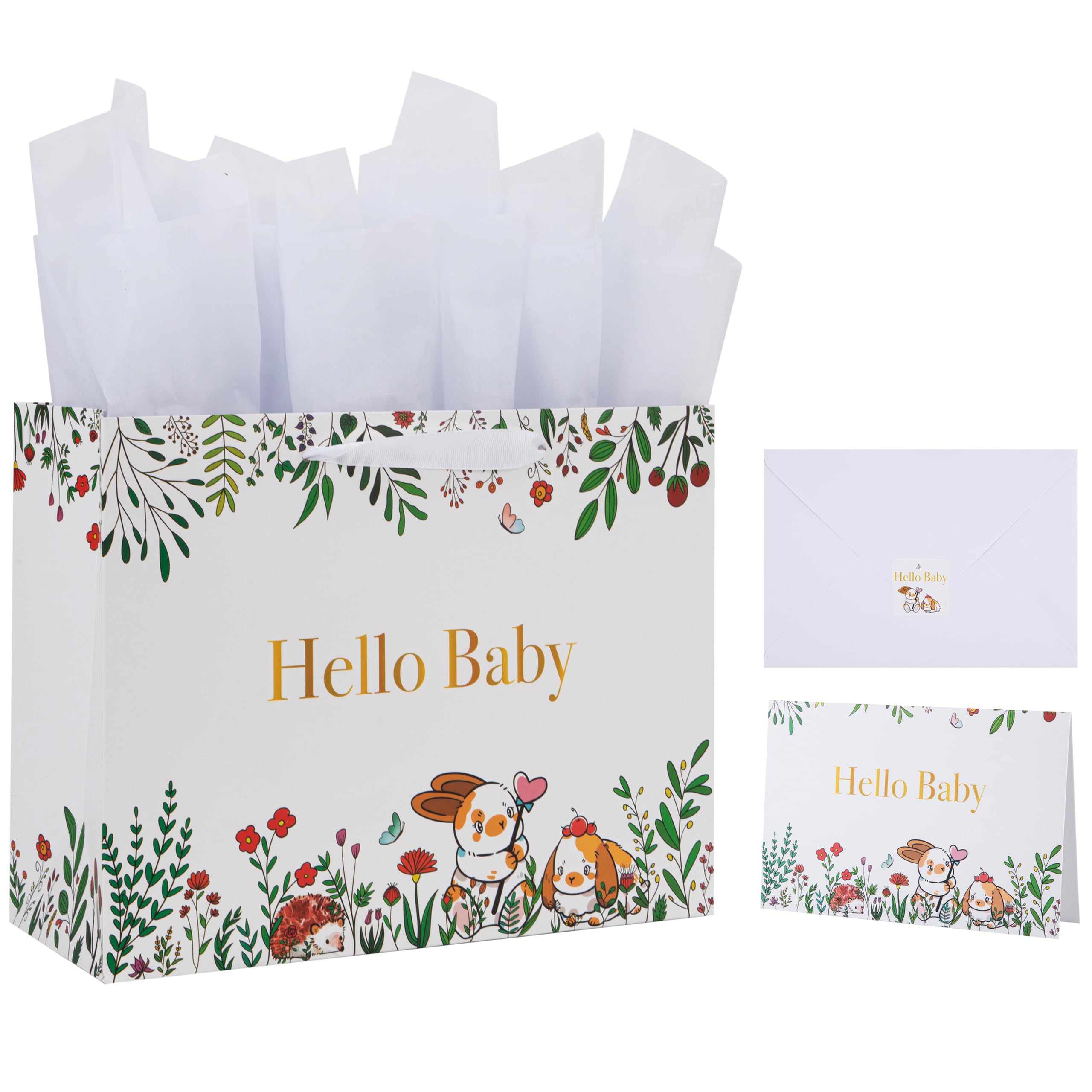 13" Large White Gift Bag Set with Greeting Card and Tissue Papers (Hello Baby Design) for Girls' Birthday Party, Baby Shower, Baby Girl or Boy, Women's Birthday Parties - 13”x5.2”x10.2”, 1 Pcs.