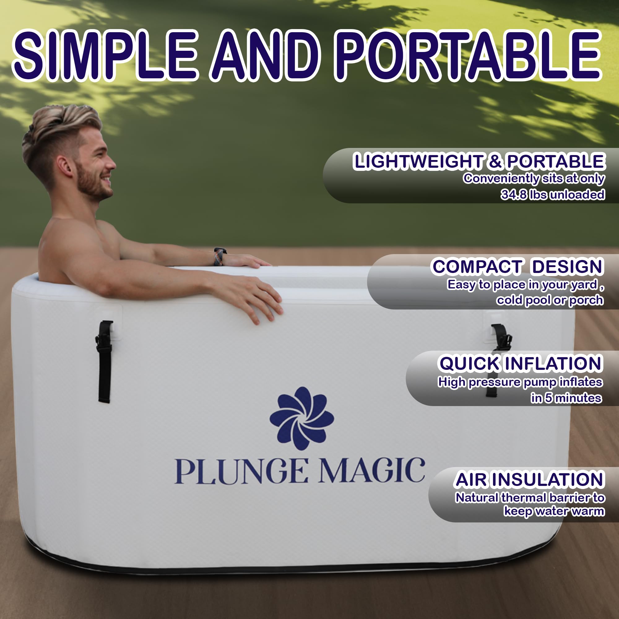 PLUNGE MAGIC Ultimate Cold Plunge Tub Inflatable Ice Bath Tub With Cover for Athletes Portable & XXL Size, Water Chiller Compatible (White-Elongated)