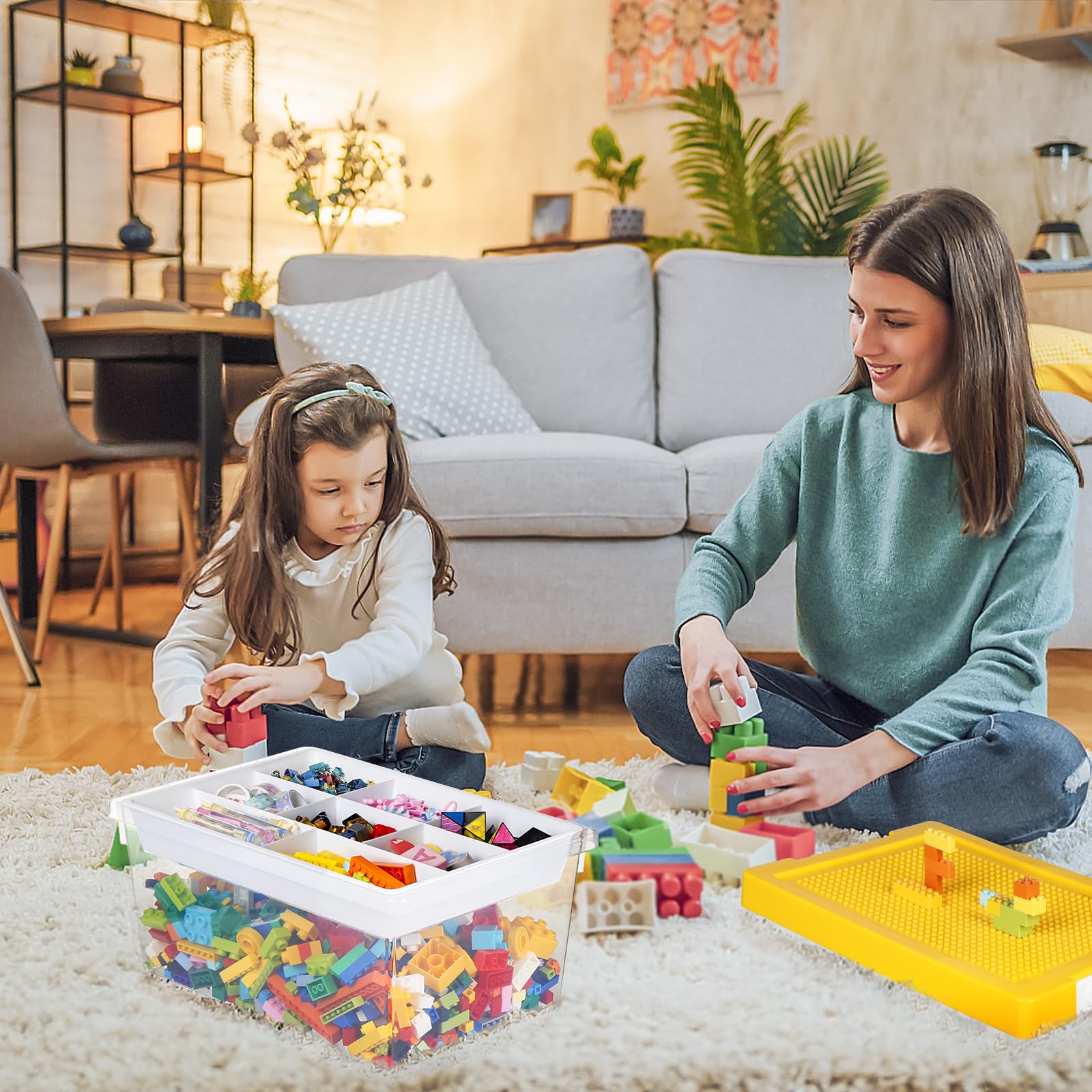 loobuu Plastic Storage Bins with Lids - 1 Set Stackable Arts Crafts Organizer Box with Removable Divided Tray &Compatible Building Baseplate,Toy Chest Containers for Bricks-Yellow(14.37"x9.64"x6.69")