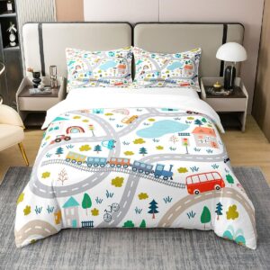 erosebridal 100% cotton cartoon cars twin comforter cover for toddler boys girls kids train duvet cover kawaii rainbow bedding,road map bedspread cover,truck bus vehicles bed sets for boys