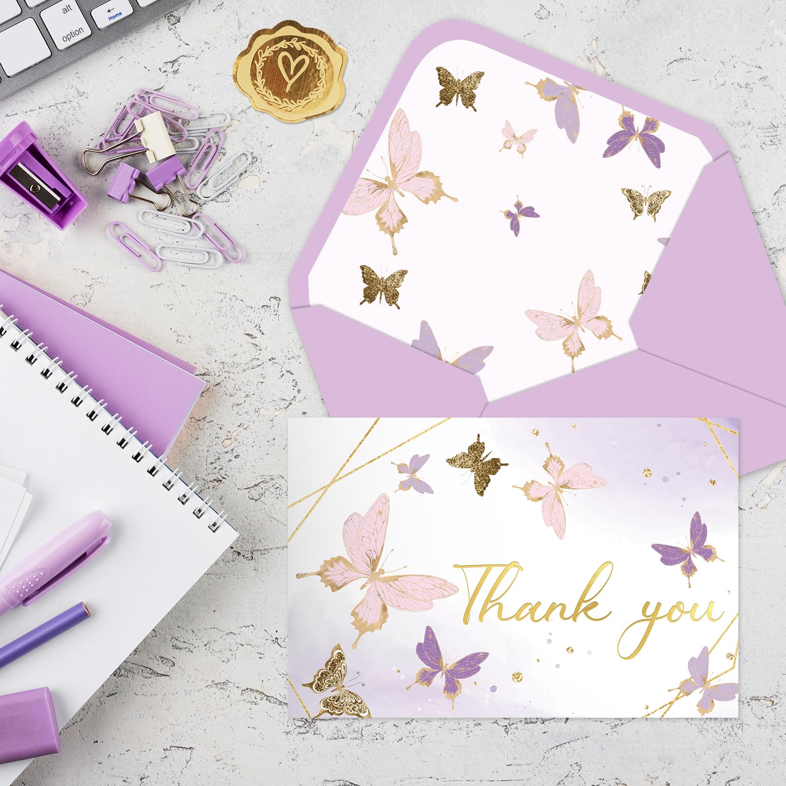 Whaline 30 Pack Butterfly Thank You Cards Gold Foil Purple Greeting Cards with Envelopes Stickers Lavender Blank Note Cards for Party Invitation Supplies, 4 x 6 Inch