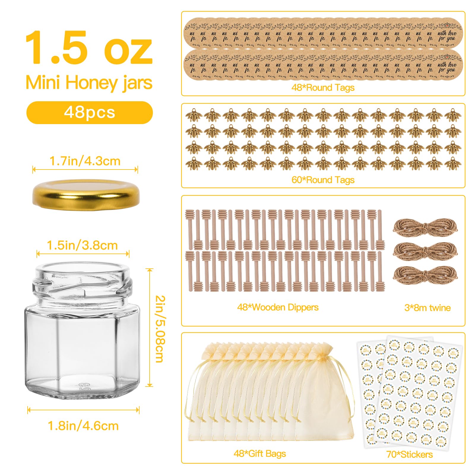 SZUAH 48 Pack 1.5 oz Mini Honey Jars with Dipper, Glass Hexagon Honey Jar for Wedding Favors, Empty Glass Jars for Party Favor