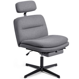 flamaker desk chair comfy with footrest & headrest, criss cross legged office chairs no wheels, fabric modern armless swivel adjustable vanity chair