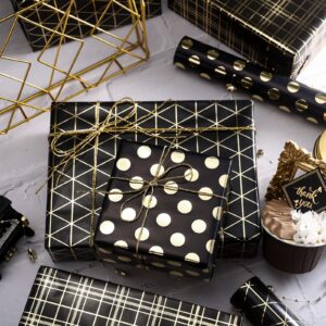 WRAPAHOLIC Black Birthday Wrapping Paper Roll - Mini Roll - 3 Rolls - 17 inch x 120 inch Per Roll - Black Gold Design for Wedding, Holiday, Party, Baby Shower