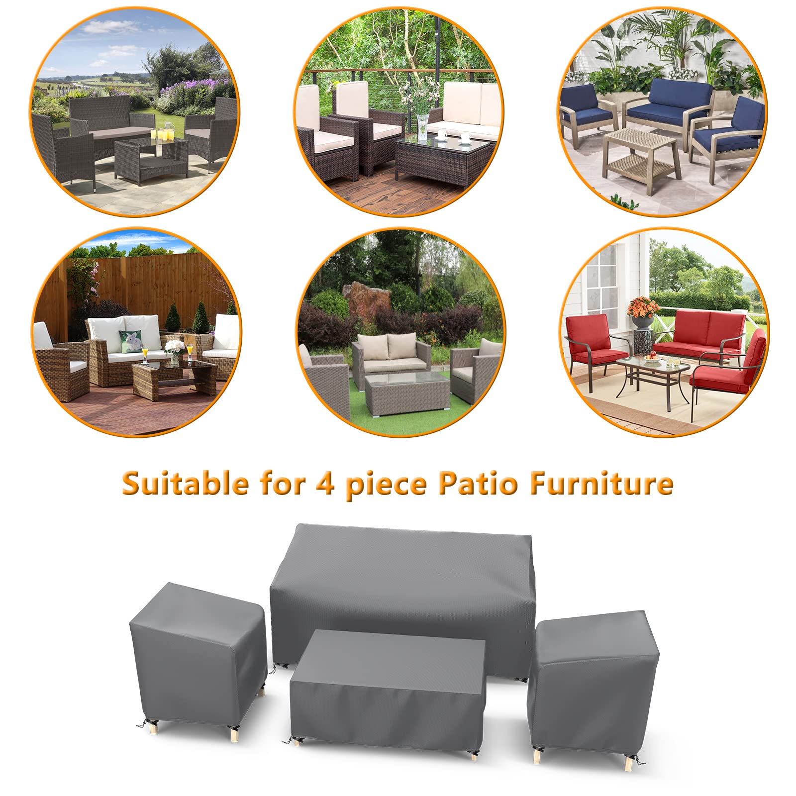 STARTWO Patio Furniture Covers 4 Piece Set Outdoor Furniture Covers Waterproof, Heavy Duty 600D Patio Furniture Set Cover for Chairs, Couch, Table Coffee, Grey