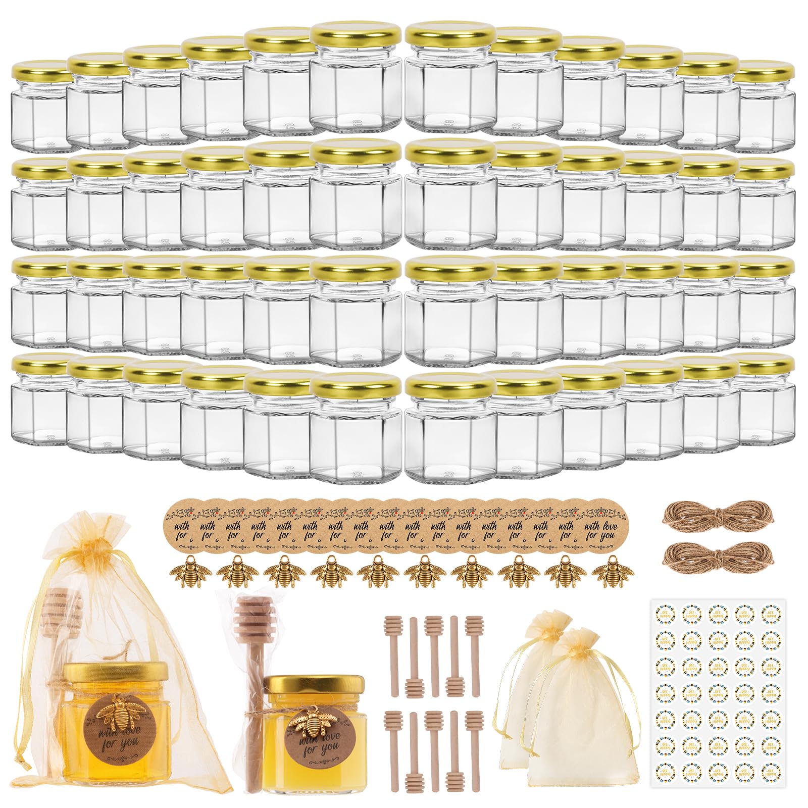 SZUAH 48 Pack 1.5 oz Mini Honey Jars with Dipper, Glass Hexagon Honey Jar for Wedding Favors, Empty Glass Jars for Party Favor