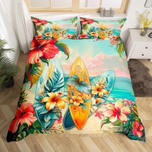 manfei surfing kids duvet cover set queen size,tropical palm trees leaves flowers bedding set,boys girls room decor,surfboards summer beach comforter cover,blue red colorful quilt cover,2 pillowcases