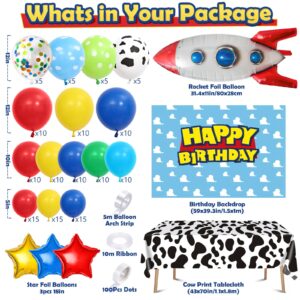 Winrayk 154Pcs Toy Inspired Story Birthday Party Decorations Supplies for Kids Teen, Balloon Arch with Backdrop Tablecloth Cow Print Balloons Star Rocket, Cartoon Game Girls Boys Birthday Party Decor