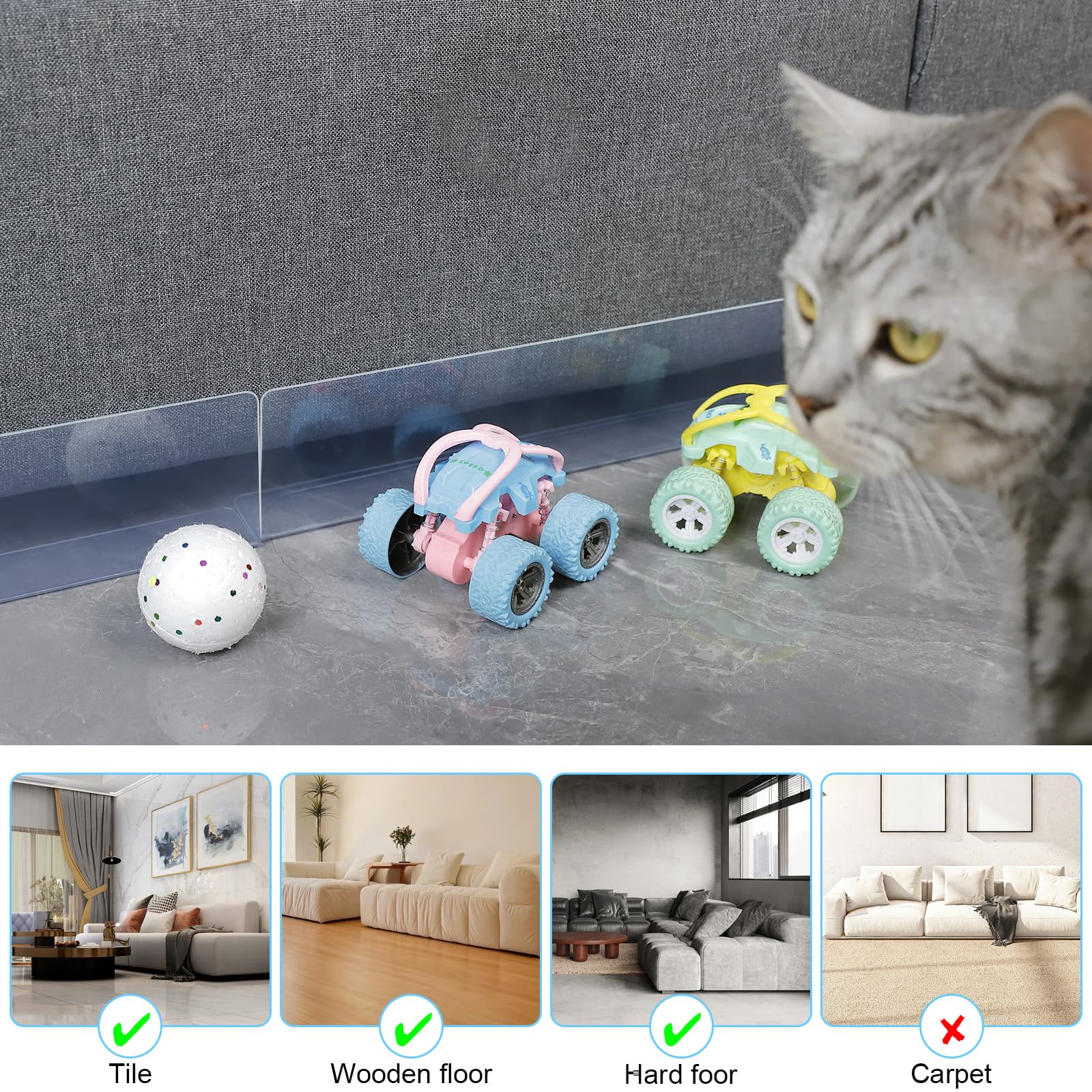 12 Pack Under Couch Blocker for Toys,Under Couch Bed Furniture Blocker Barrier Stopper for Pets Cats Dogs 16" L X 3.2" H Clear PVC Couch Guards with Strong Adhesive