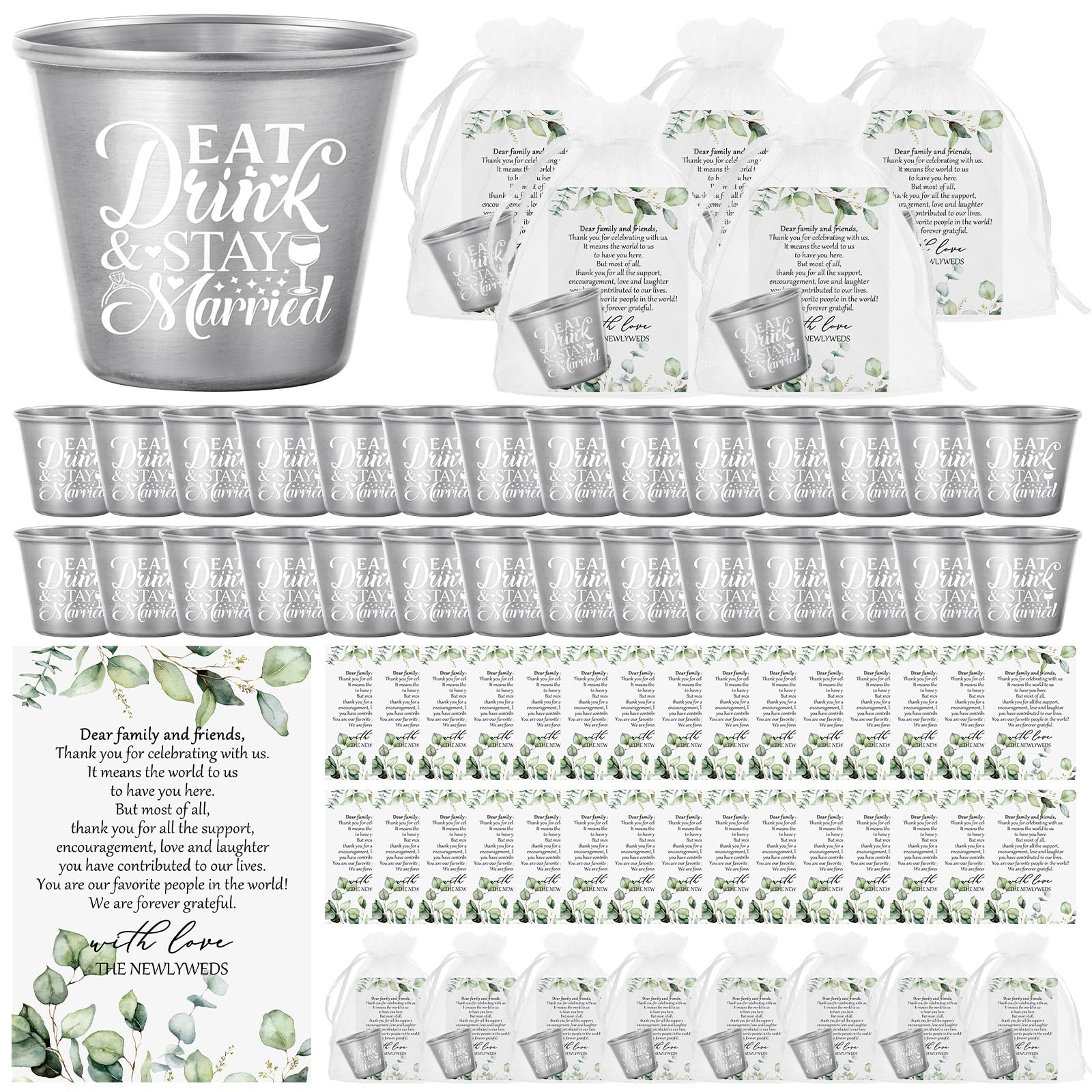 Uiifan 50 Sets Wedding Party Favors for Guests Eat Drink and Stay Married Stainless Steel Shot Glasses Metal Cups Cards with Wedding Thank You Cards and Organza Bags Wedding Souvenirs Bridal Shower