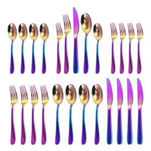 silverware set,20 piece stainless steel silverware set for 4,stainless steel flatware set for home, kitchen, mirror polished&dishwasher safe (rock style, colorful)