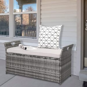 Pinikuyiro 33 Gallon Outdoor Storage Bench with Cushion, Outdoor Wicker Storage Box, Patio Deck Box with Seat, for Garden, Balcony, Poolside, Grey