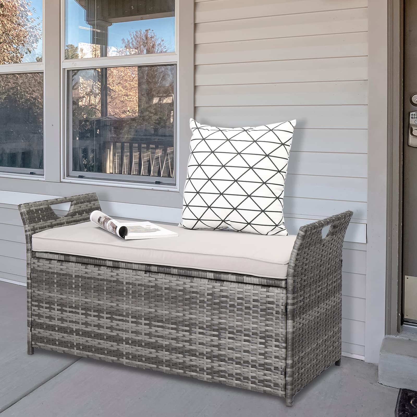 Pinikuyiro 33 Gallon Outdoor Storage Bench with Cushion, Outdoor Wicker Storage Box, Patio Deck Box with Seat, for Garden, Balcony, Poolside, Grey