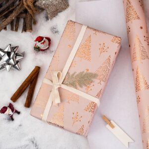 Homeral Christmas Wrapping Paper Roll - 46.8 sq.ft. 3D Embossed Foil Christmas Tree, Star on Rose Gold Pink for Christmas, New Year Celebration, Holiday - 17in x 33ft