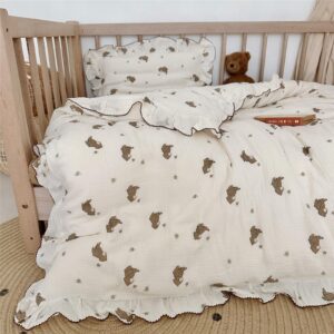 AOJIM Kids Bedding Duvet Cover with Little Bee and Brown Bear, Cotton Toddler 2-Layer Gauze Muslin Comforter Cover 47X59'', Ruffled Design Baby Duvet Protector for Girls Boys, No Pillowcases or Quilt