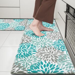 FRAMICS Boho Kitchen Rugs Sets of 2 Bohemian Teal Kitchen Rugs Non Slip Washable PVC Waterproof Kitchen Floor Mat Cushioned Anti Fatigue Kitchen Mats for Floor, 17" x 30" + 17" x 47"