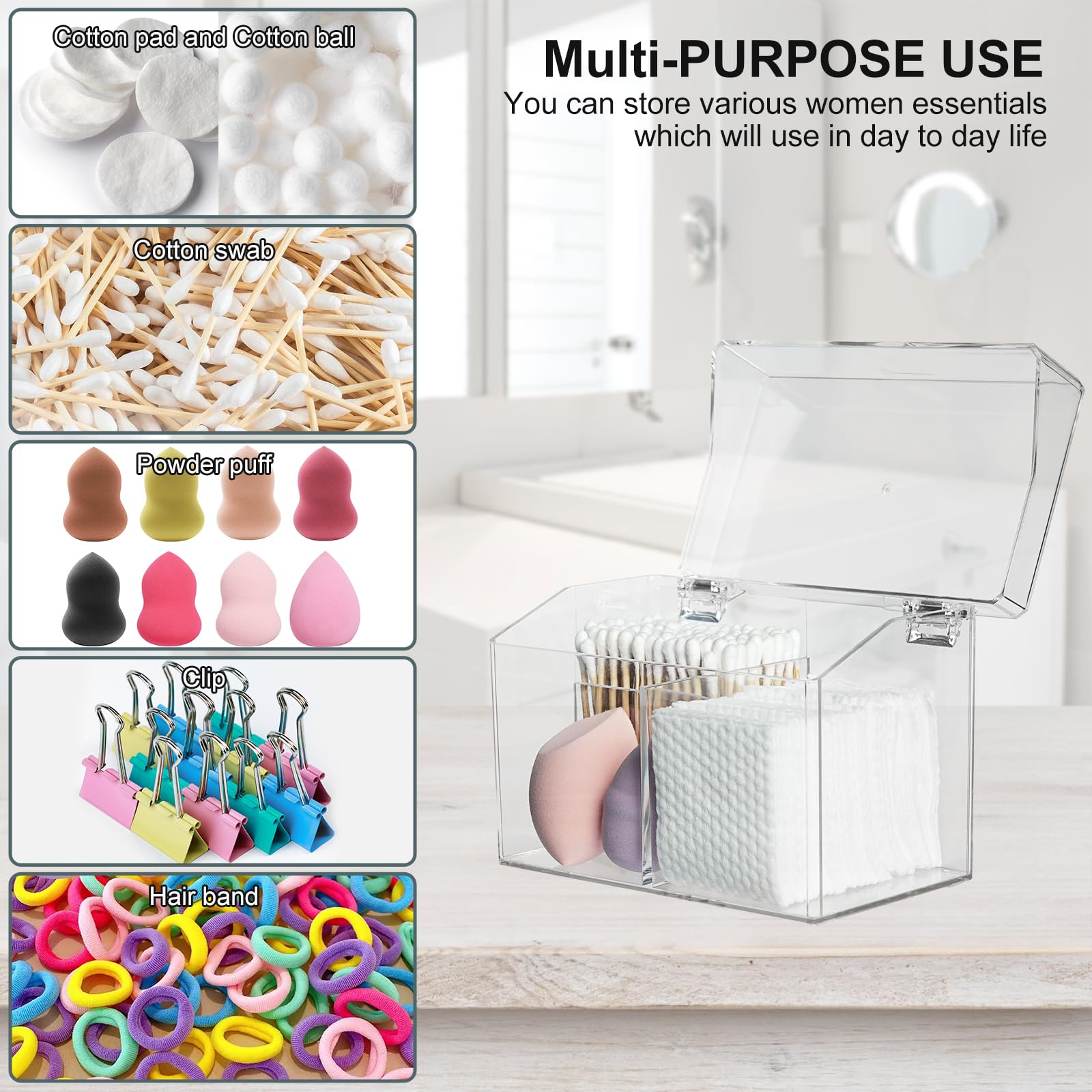 EOFJRUC Qtip Holder with Flip Cover Acrylic Clear Cotton Swab Dispenser for Bathroom