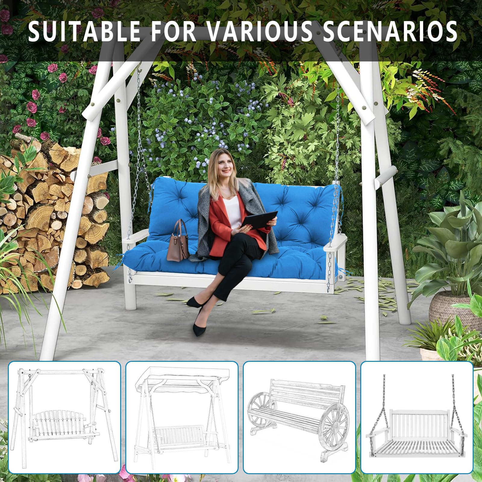 5" Thick Waterproof Porch Swing Cushion 60 x 40 in 3 Seater Replacement Outdoor Swing Cushions with Back Support Patio Swing Cushion for Outdoor Bench Furniture