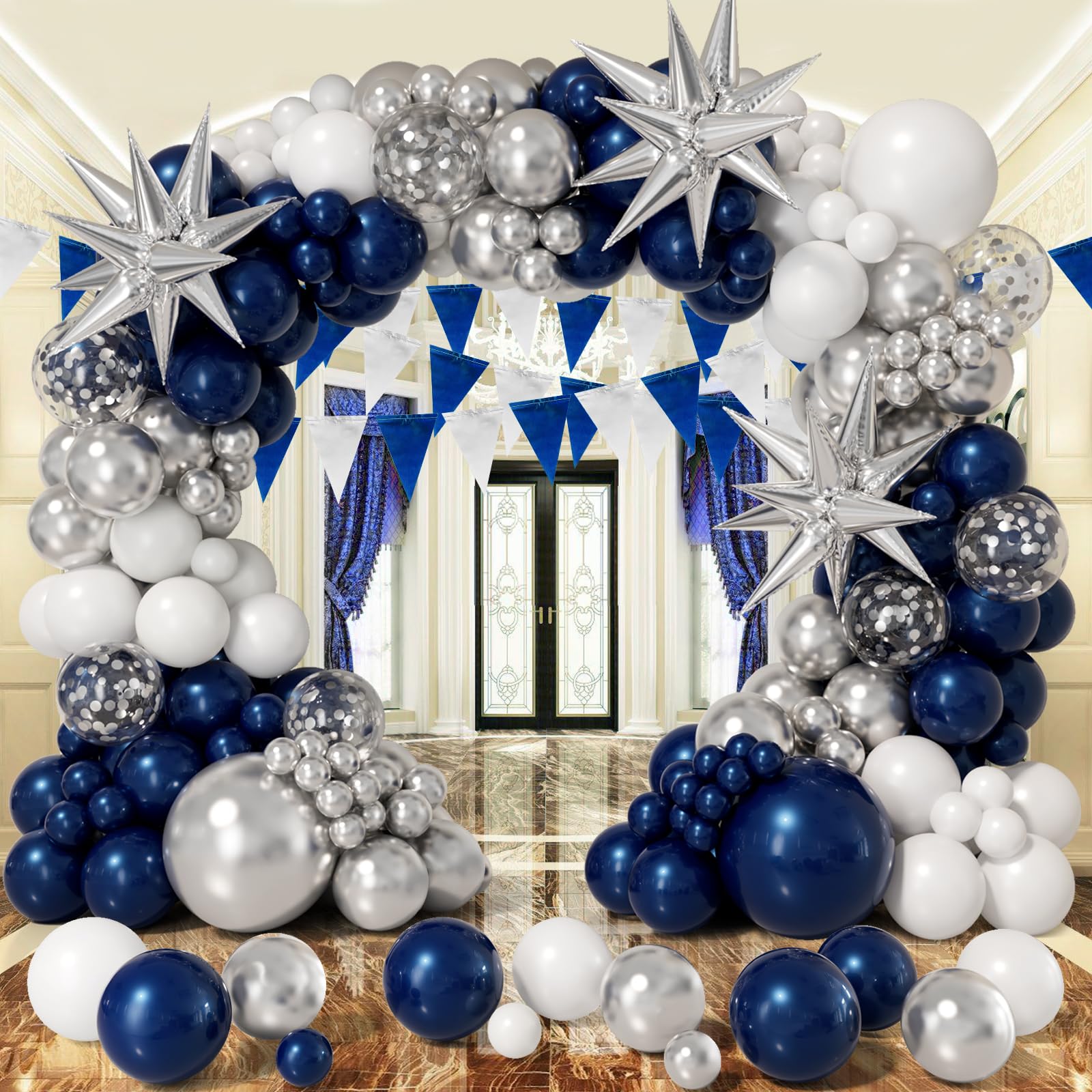 Bonropin Navy Blue and Silver Balloon Garland Arch Kit 158pcs with Blue White Silver Confetti Balloons, Star Foil Balloons, for Graduation New Year Anniversary Birthday Party Decorations