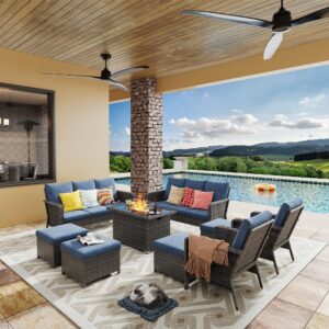 yechen patio conversation set 12 seats with 44" propane gas fire pit table - 9 pcs outdoor wicker furniture set with lid & wind shields - sectional sofa set for porch,backyard