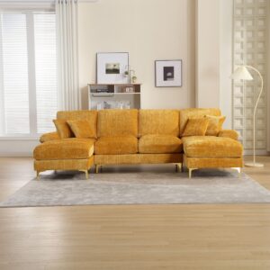 luckhao modern large sectional sofa with 2 chaises lounges, u-shaped sectional couch, metal legs, comfy deep 4 seats upholstered living room furniture(yellow)