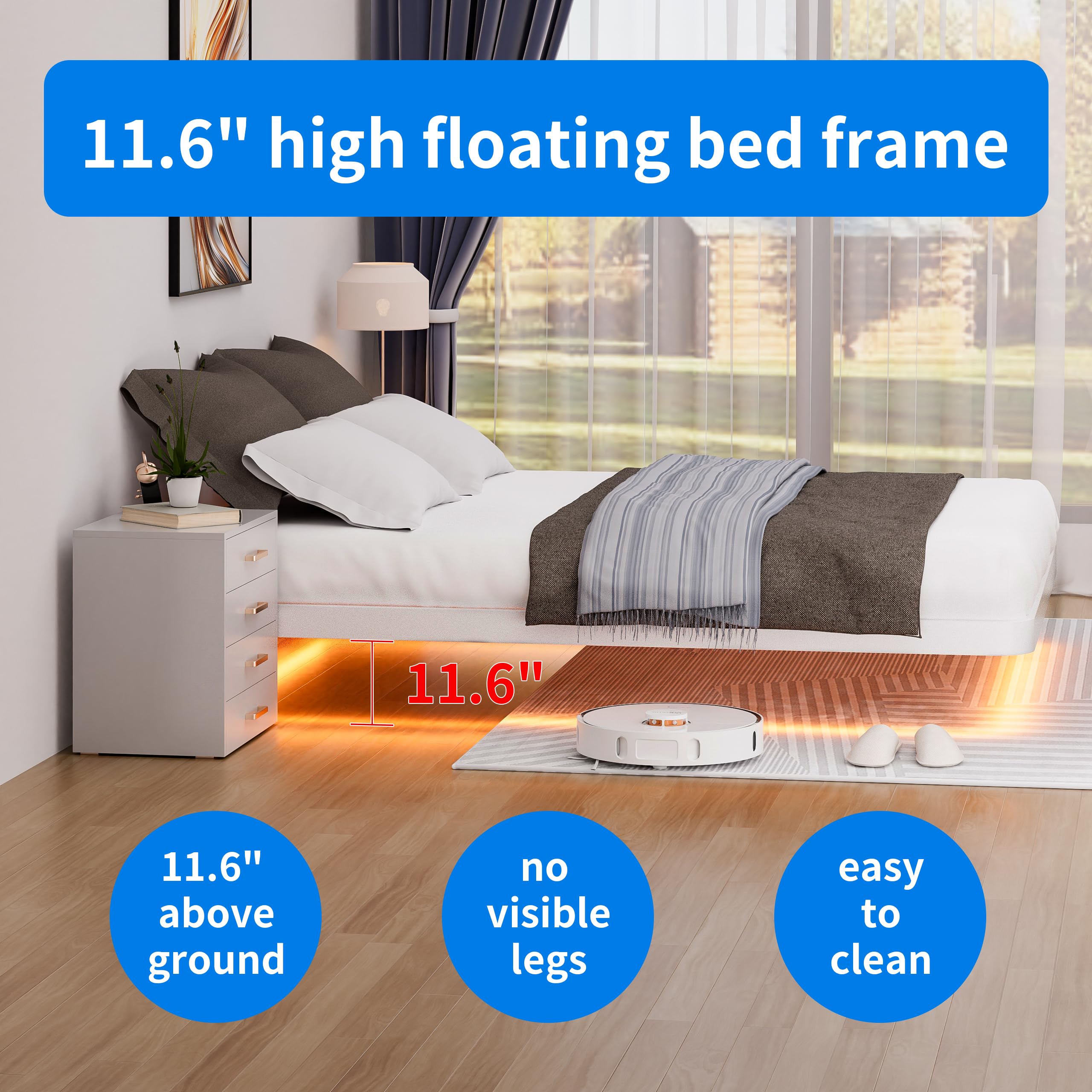 Meitewei White Floating Bed Frame Queen with LED Lights, 10.8" Metal Platform Bed Frame with Heavy Duty Steel Slats, No Box Spring Needed, Noise-Free, Easy to Assemble, Capacity 1800lbs