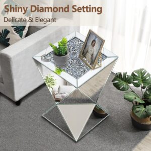 Pregaspor Sliver Mirrored End Table, Crushed Diamond Top Accent Side Table, Geometric Small Mirrored Coffee Table for Living Room, Bedroom, Corner, Small Space