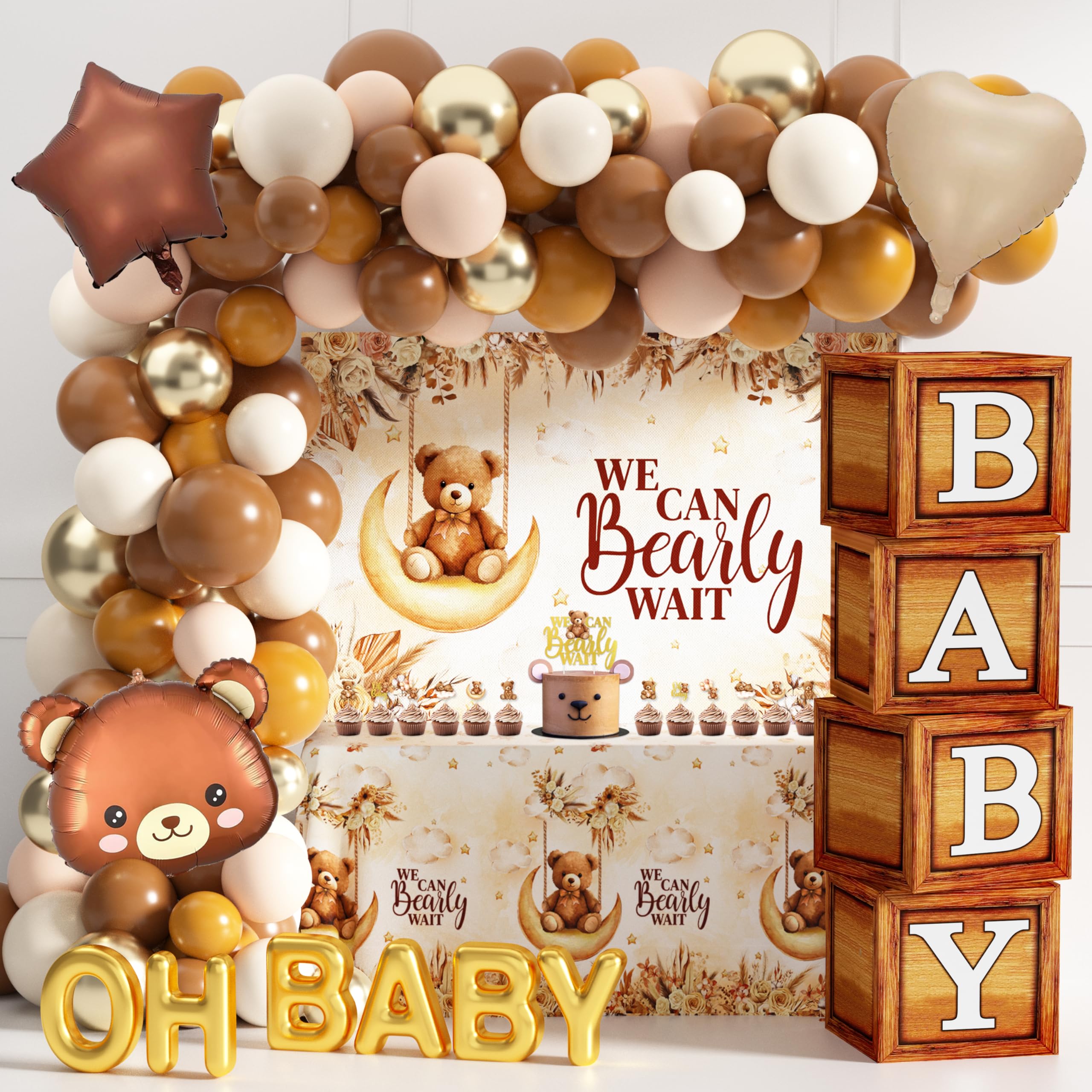 Teddy Bear Baby Shower Decorations for Boy Girl Bear Themed Birthday Party Supplies We Can Bearly Wait Backdrop Wood Grain Baby Boxes with Letters Balloon Arch for Gender Reveal Boy Baby Shower Decor