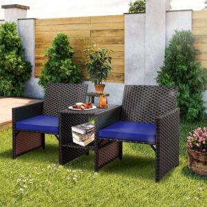 SUNLEI Outdoor Rattan Loveseat, Wicker 2-Seat Patio Conversation Furniture Set with Built-in Table & Removable Cushions for Balcony, Lawn, Backyard (Black Rattan/Royal Blue)