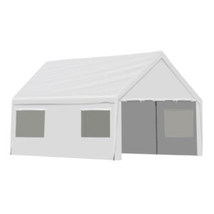 aoodor 20 x 12 ft. vehicle carport canopy portable garage party canopy tent boat shelter, heavy duty metal frame with removable rool-up sidewalls and doors, white