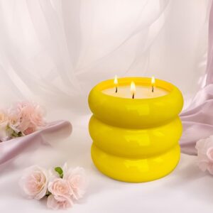 Outdoor 3 Wick Large Citronella Candle, 18oz, Ceramic, Yellow, Strong Lemongrass Scented Candles, for Patio Decor, Outside Table, Beautiful Candle Jars