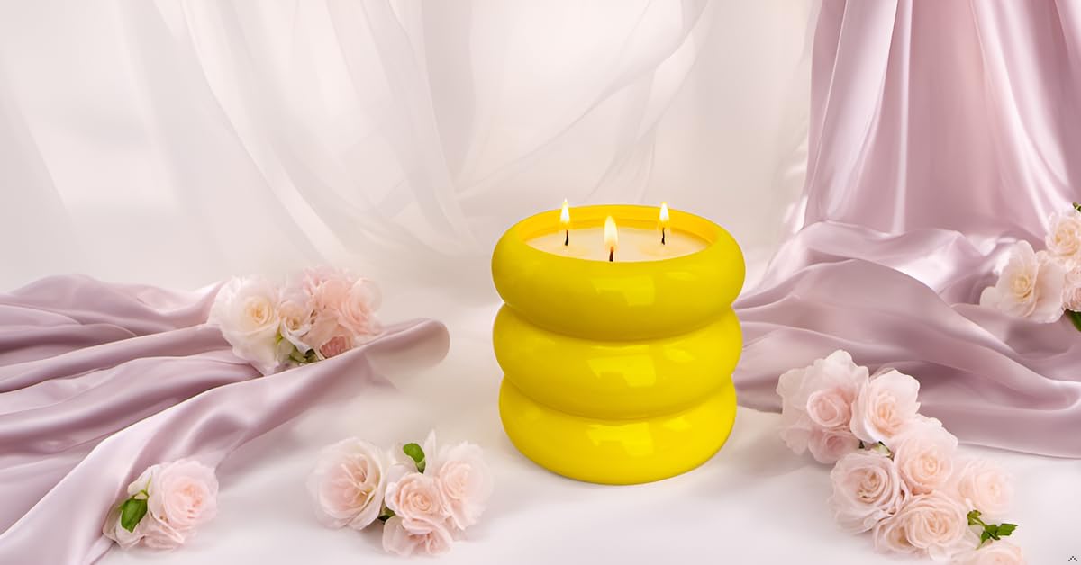 Outdoor 3 Wick Large Citronella Candle, 18oz, Ceramic, Yellow, Strong Lemongrass Scented Candles, for Patio Decor, Outside Table, Beautiful Candle Jars