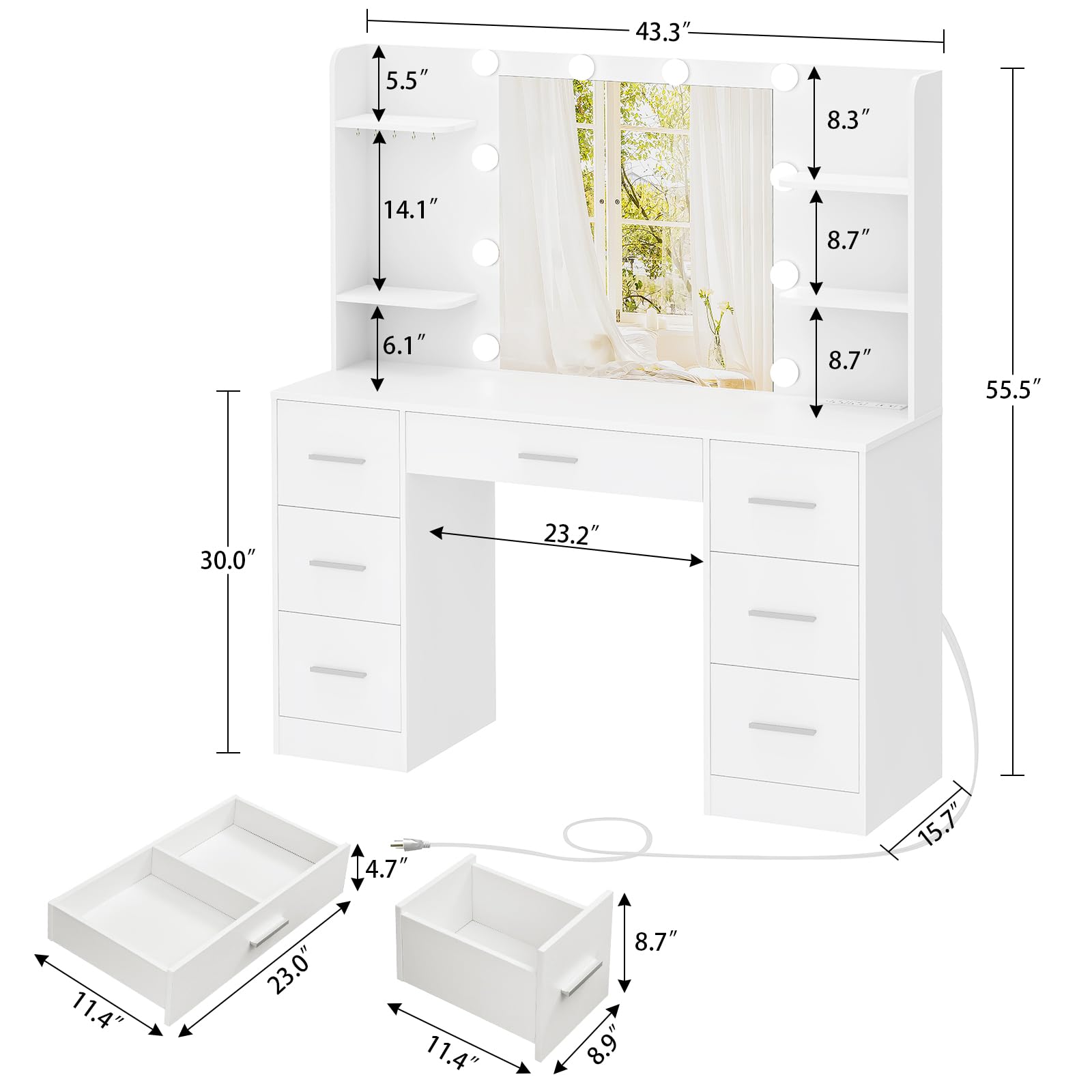 FIONESO Large Makeup Vanity, 43.3" Vanity Desk with Mirror and Lights, Makeup Vanity Table with 7 Drawers, 4 Shelves, 5 Jewel Hooks & Power Strip, Vanity Desk Set for Bedroom, White